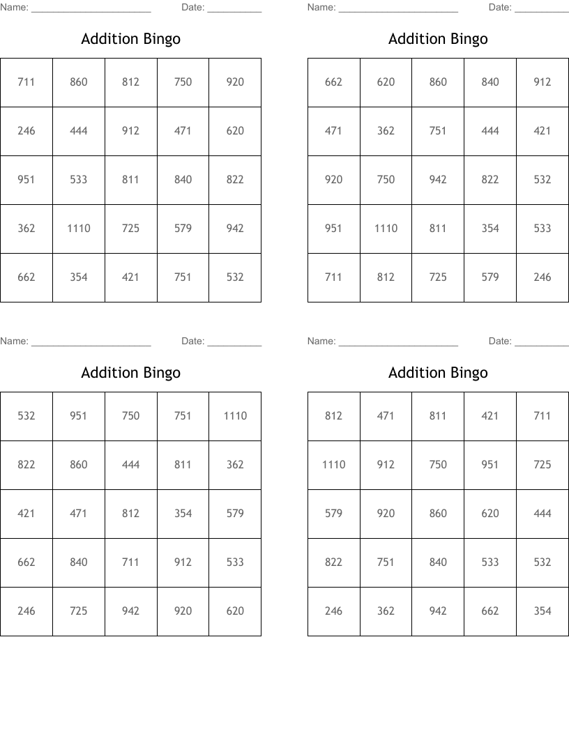 Addition Bingo