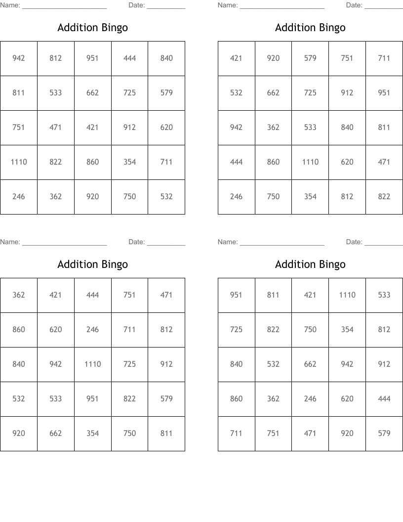 Addition Bingo