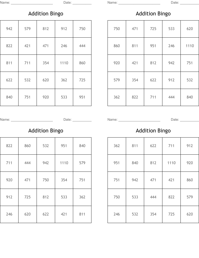 Addition Bingo