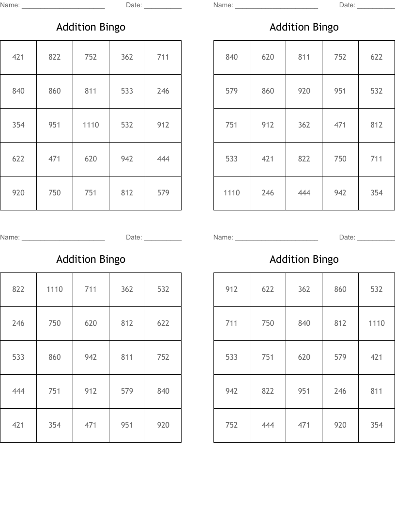 Addition Bingo