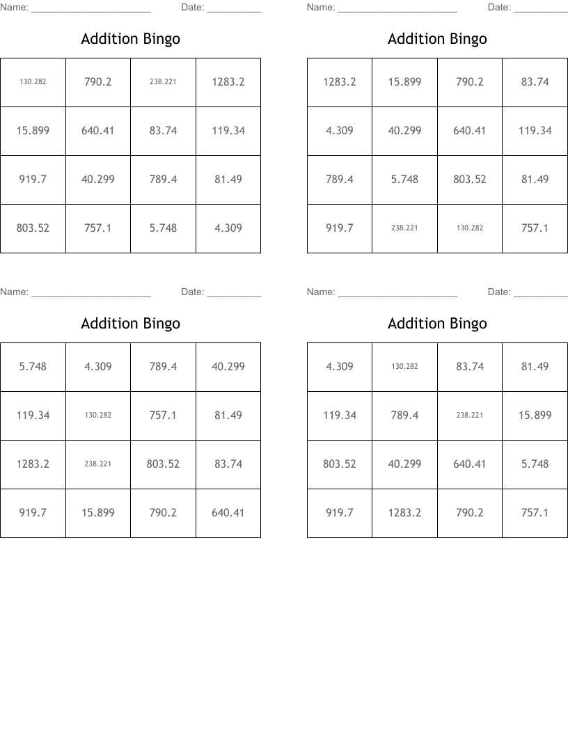 Addition Bingo