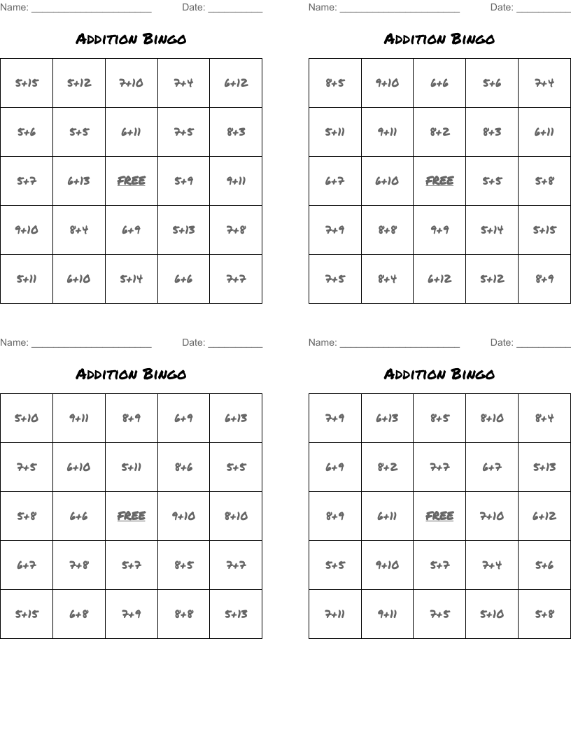 Addition Bingo