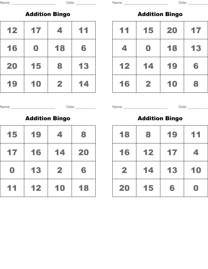 Addition Bingo