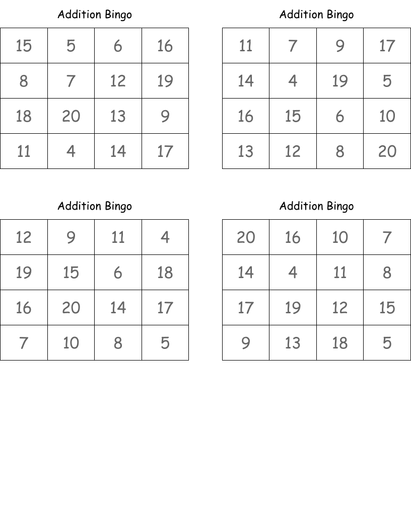 Addition Bingo
