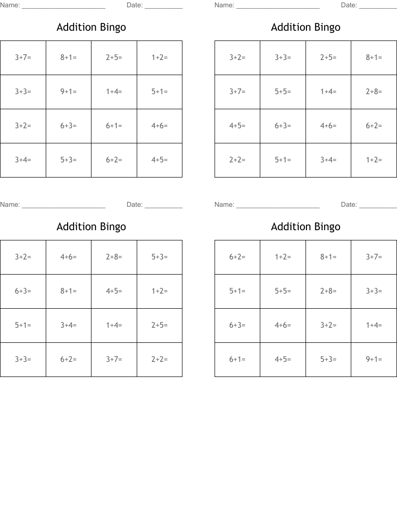 Addition Bingo