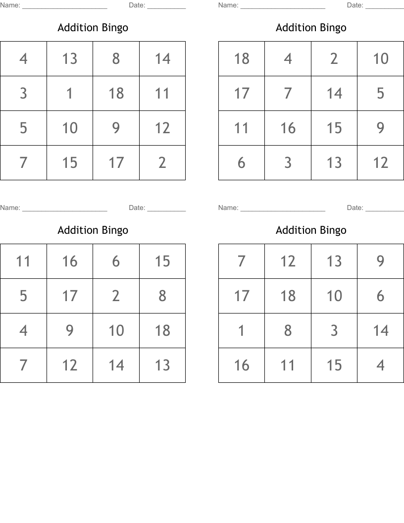 Addition Bingo