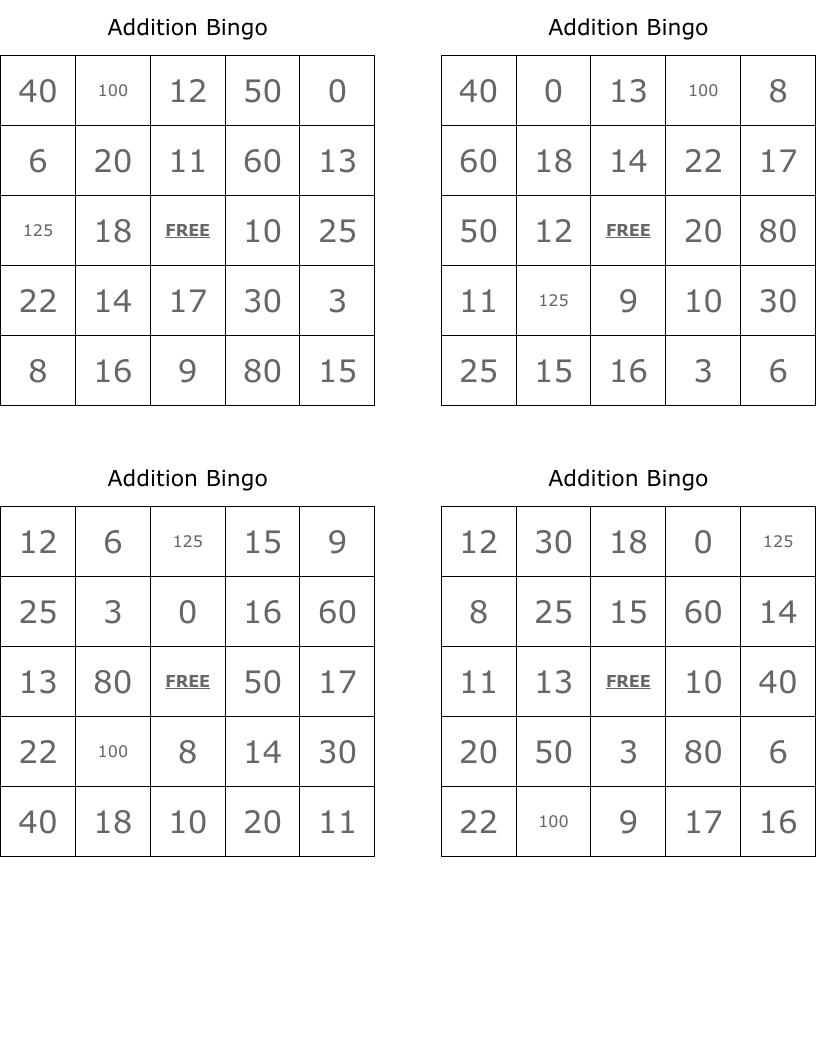 Addition Bingo