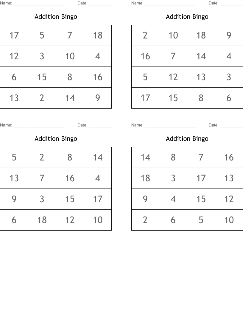 Addition Bingo