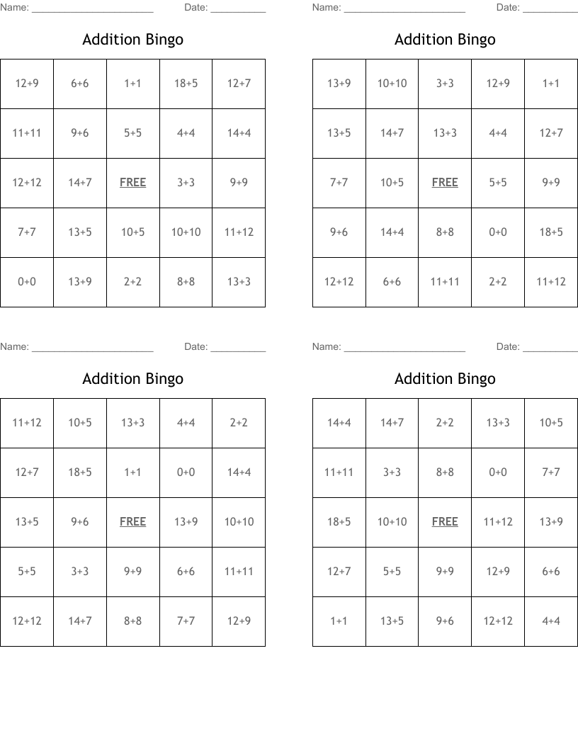 Addition Bingo