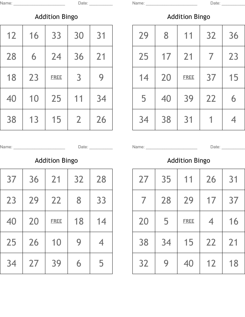 Addition Bingo