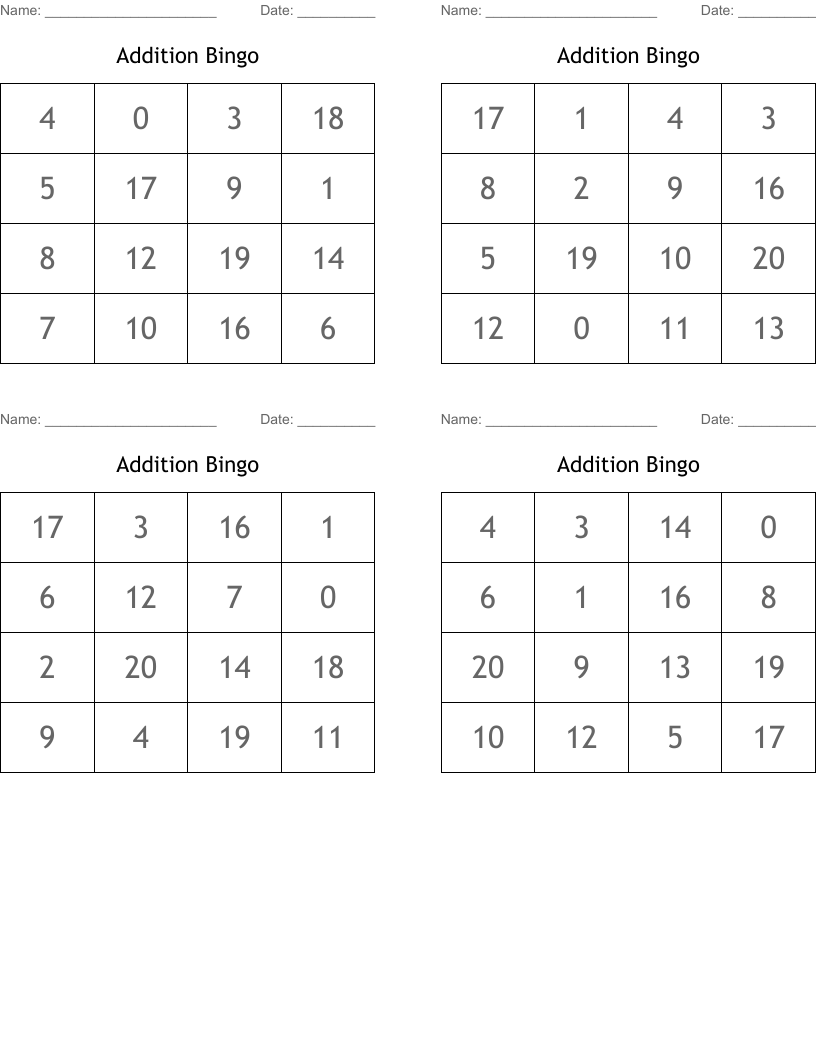 Addition Bingo
