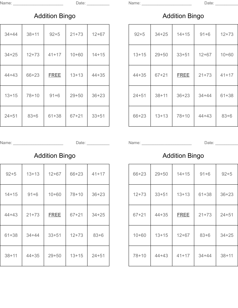 Addition Bingo