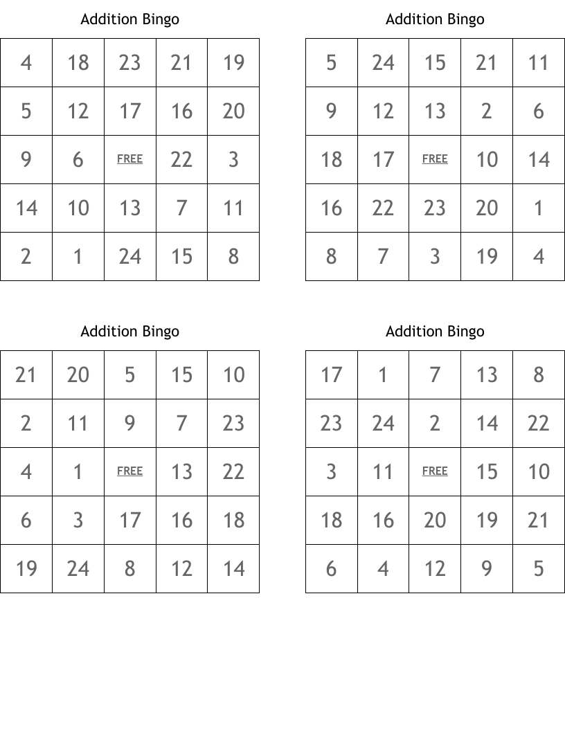 Addition Bingo