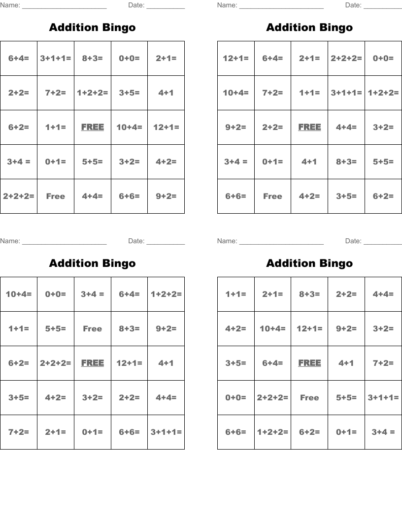 Addition Bingo 
