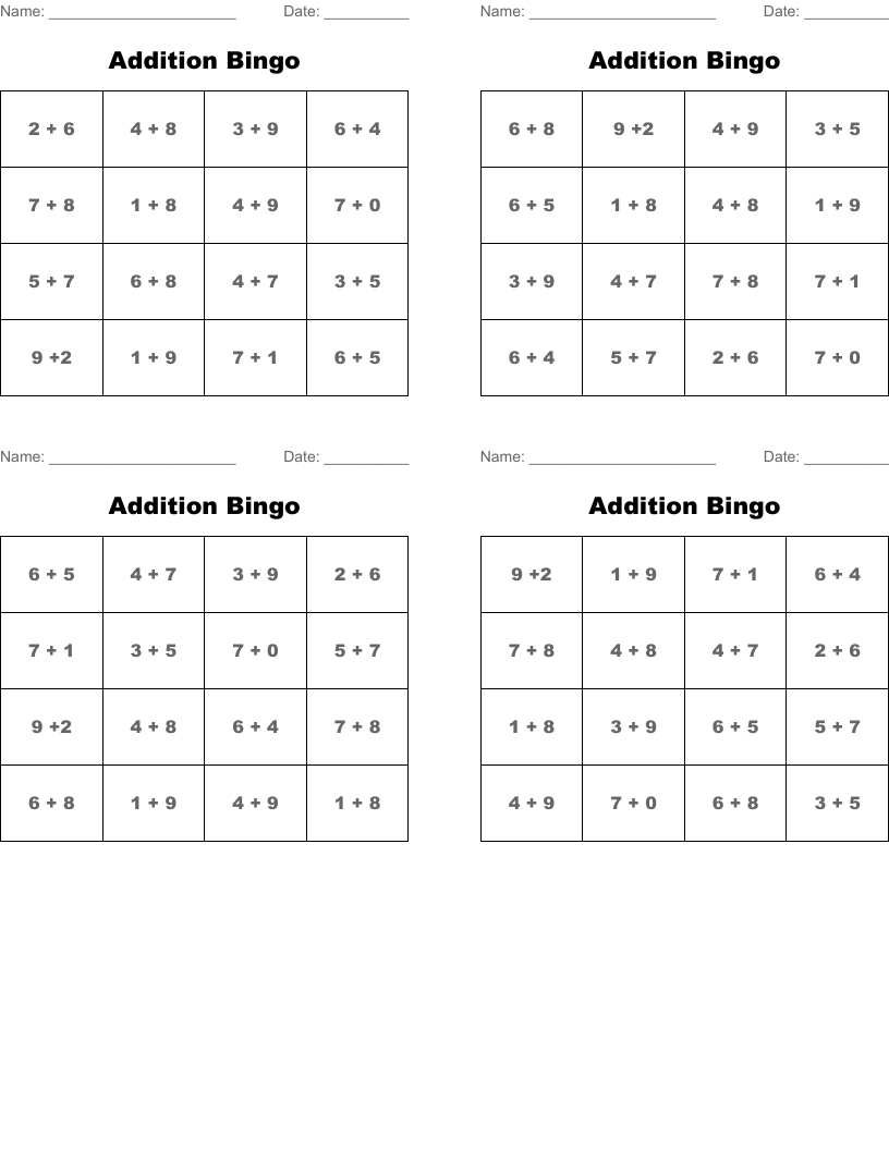 Addition Bingo 