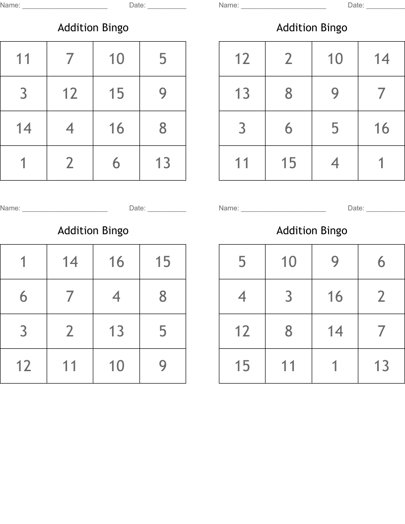 Addition Bingo 
