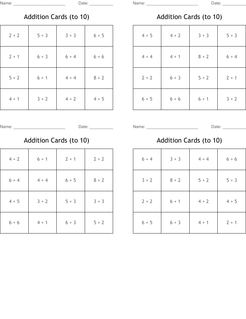 Addition Cards (to 10) Bingo Cards