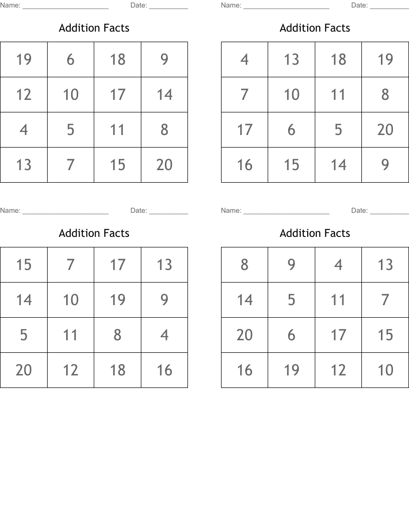 Addition Facts Bingo Cards