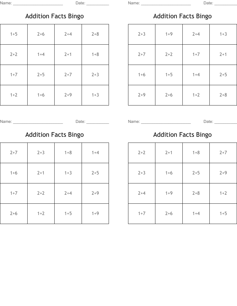 Addition Facts Bingo