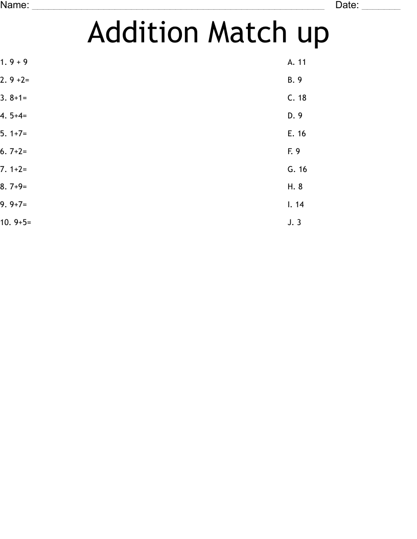 Addition Match up Worksheet