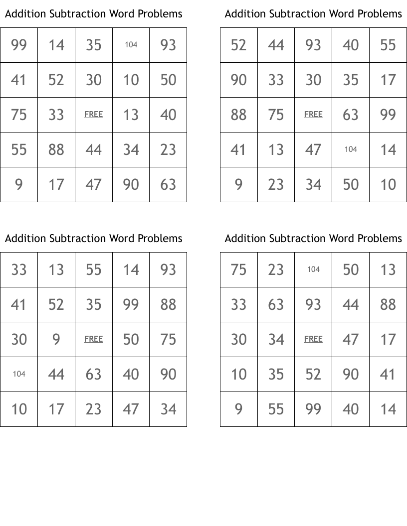Addition Subtraction Word Problems Bingo Cards
