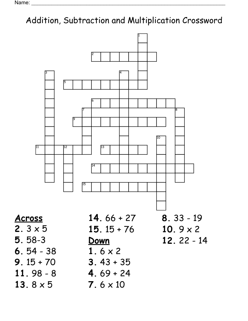 Addition, Subtraction and Multiplication Crossword
