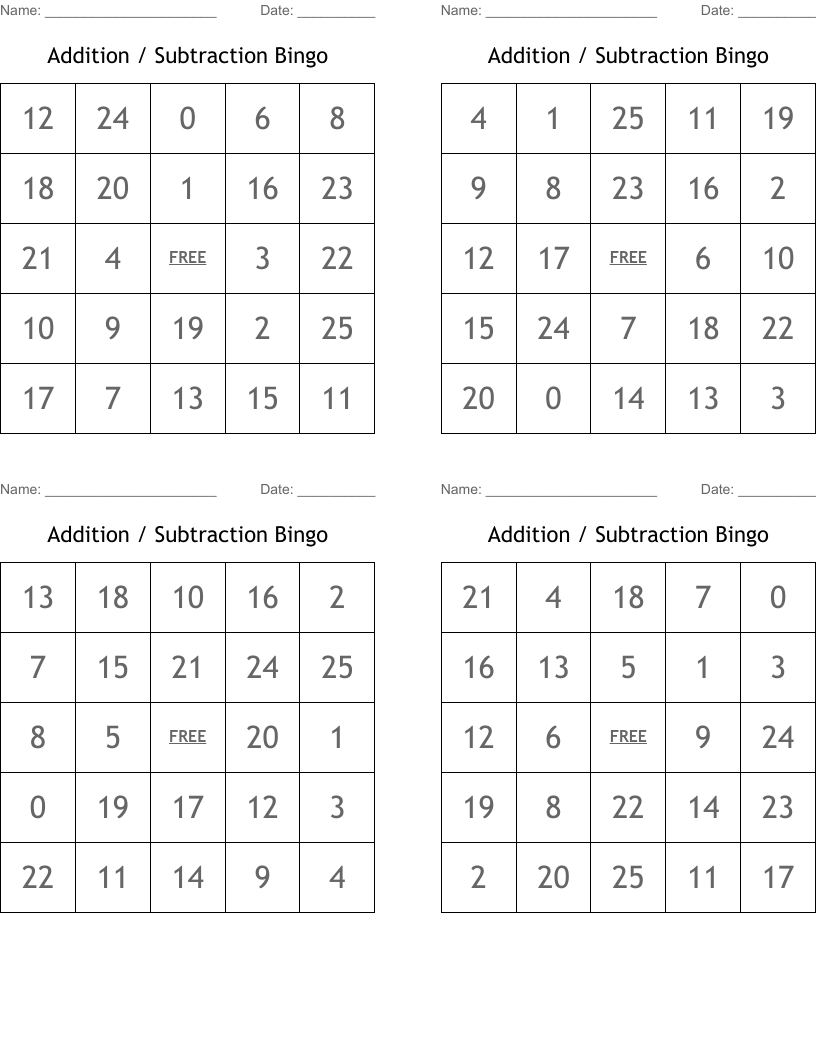 Addition / Subtraction Bingo