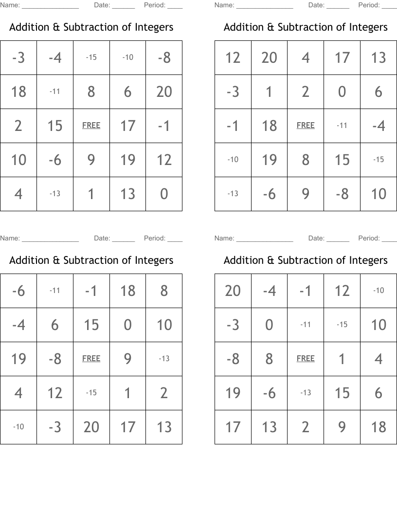 Addition & Subtraction of Integers Bingo Cards