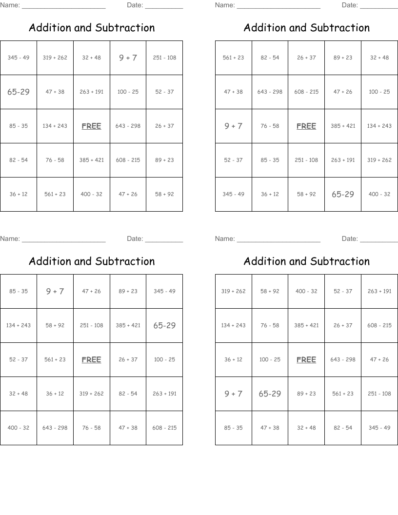 Addition and Subtraction Bingo Cards