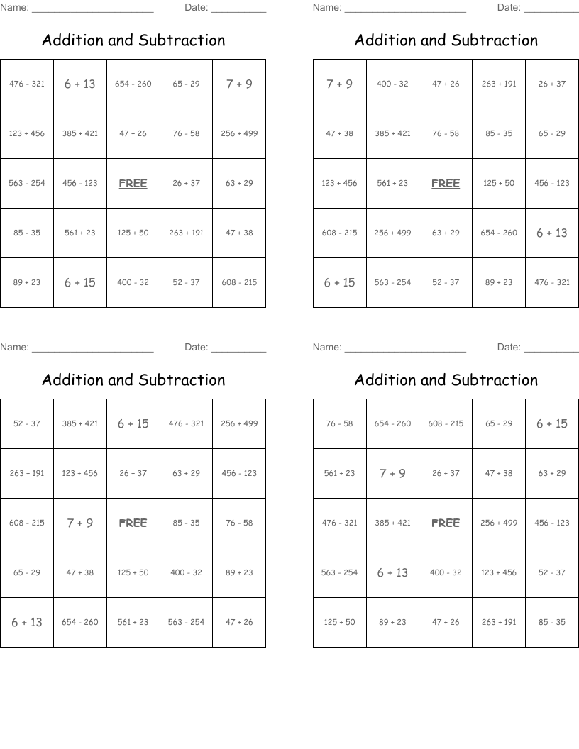 Addition and Subtraction Bingo Cards
