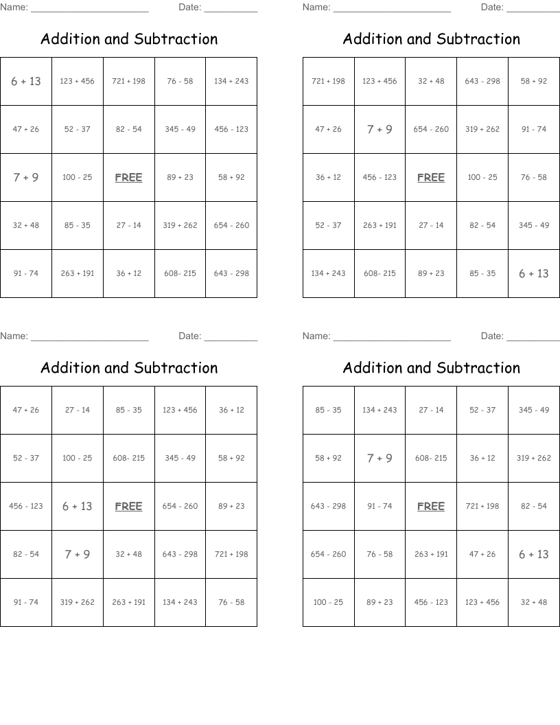 Addition and Subtraction Bingo Cards