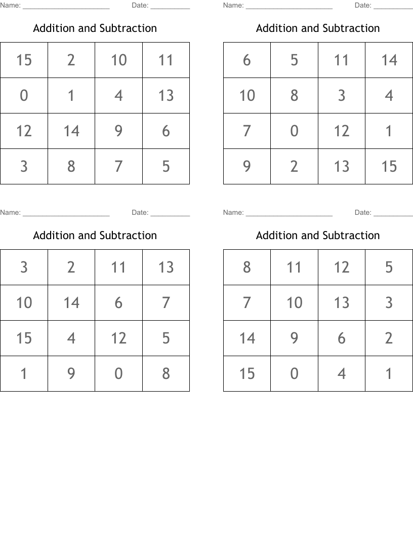 Addition and Subtraction Bingo Cards