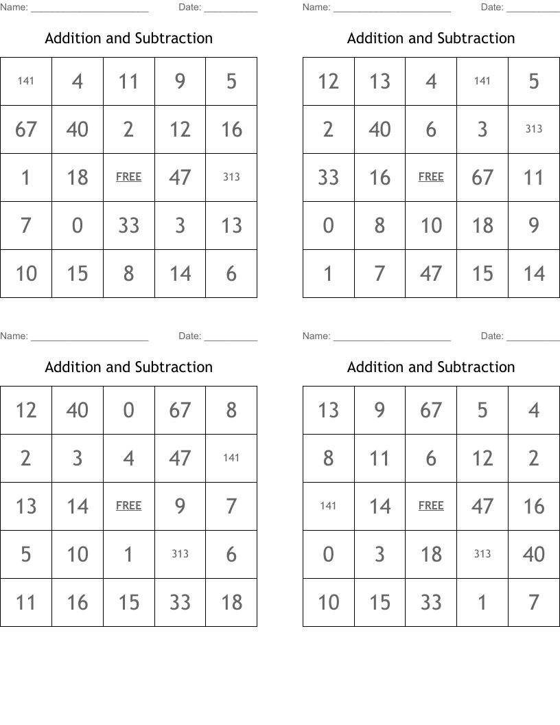Addition and Subtraction Bingo Cards