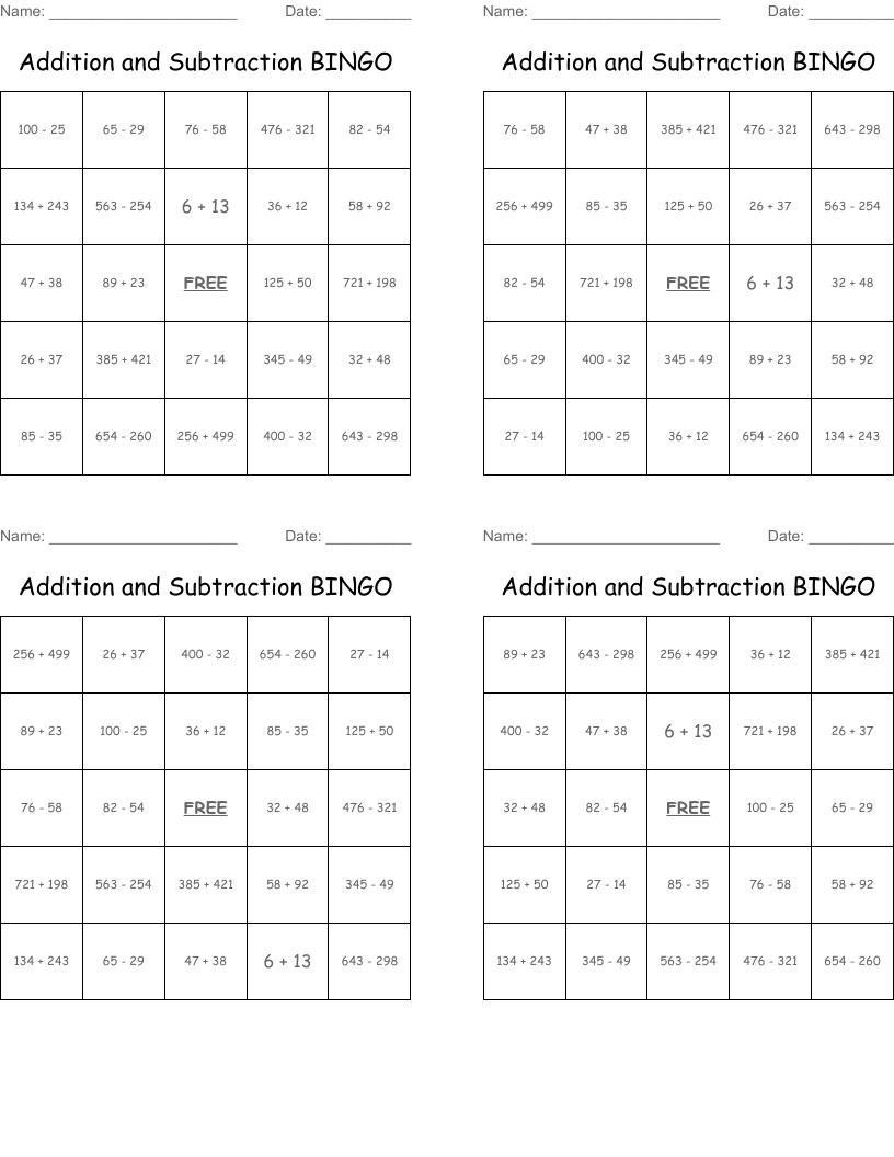 Addition and Subtraction BINGO