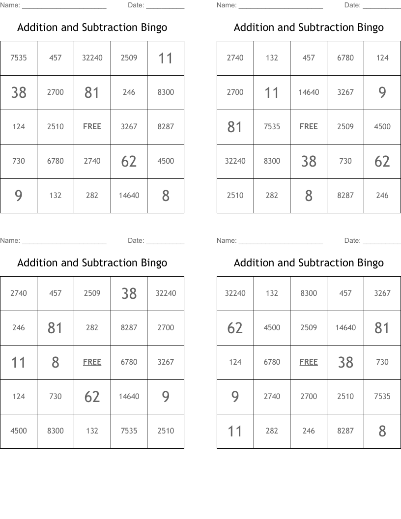Addition and Subtraction Bingo