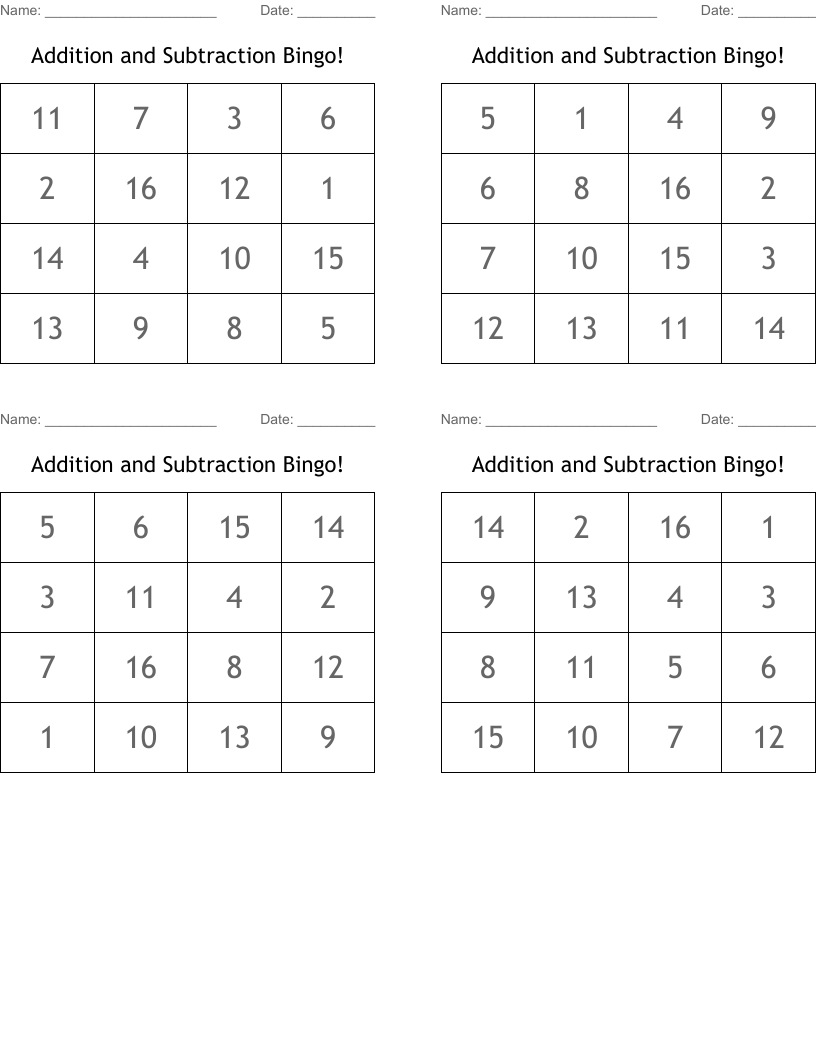 Addition and Subtraction Bingo!