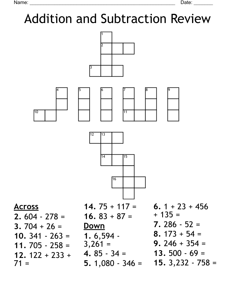 Addition and Subtraction Review Crossword