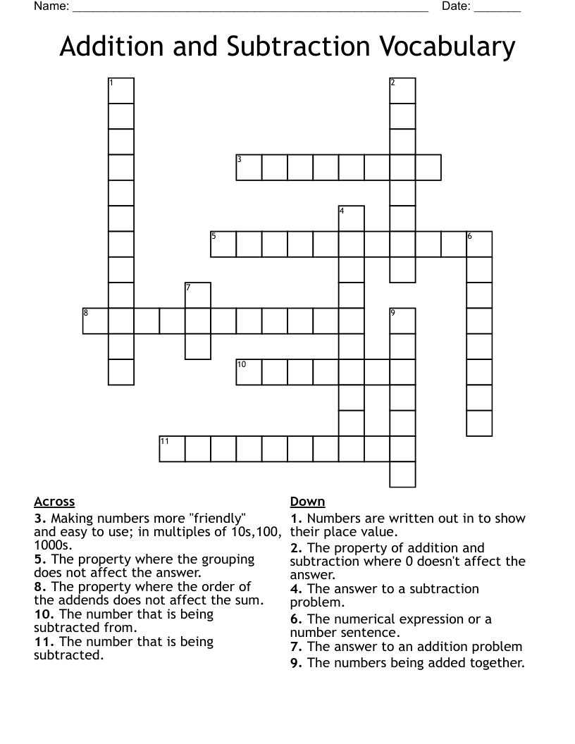 Addition and Subtraction Vocabulary Crossword