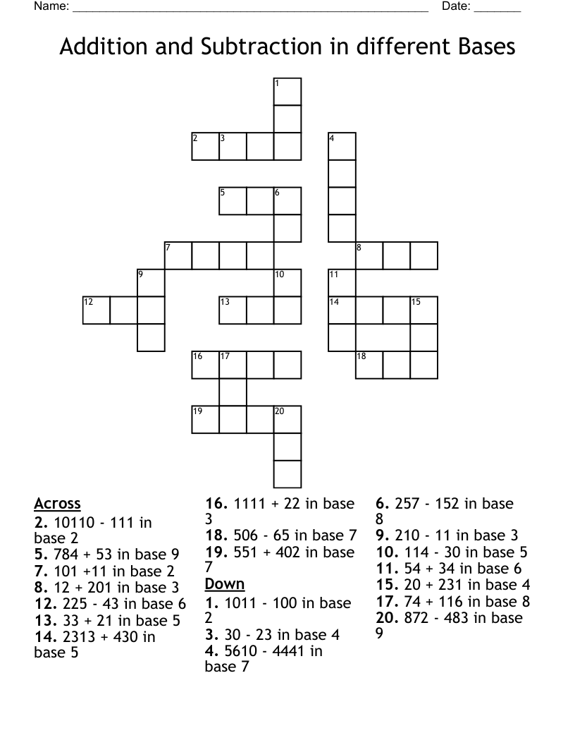 Addition and Subtraction in different Bases Crossword