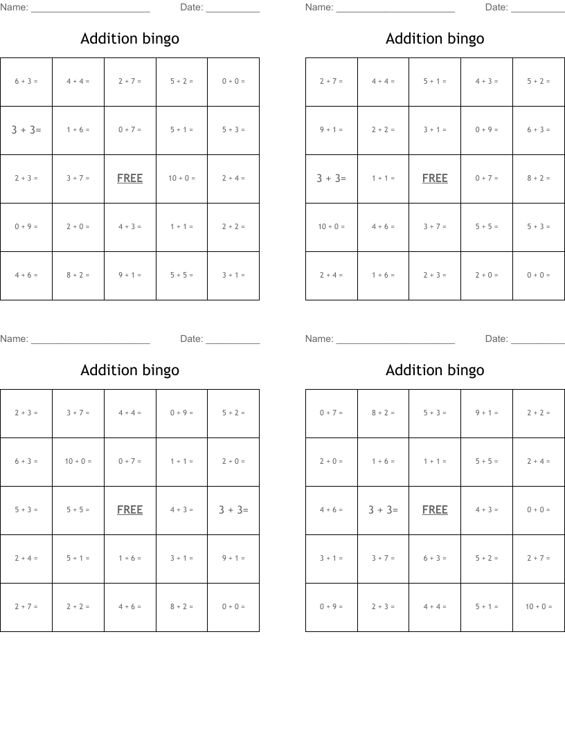 Addition bingo