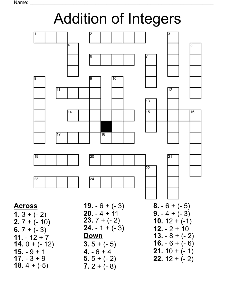 Addition of Integers Crossword