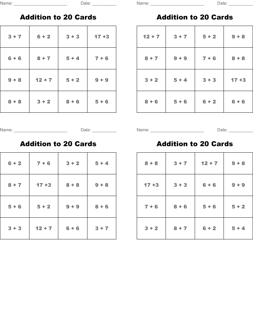 Addition to 20 Cards Bingo Cards