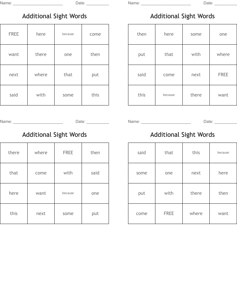 Additional Sight Words Bingo Cards