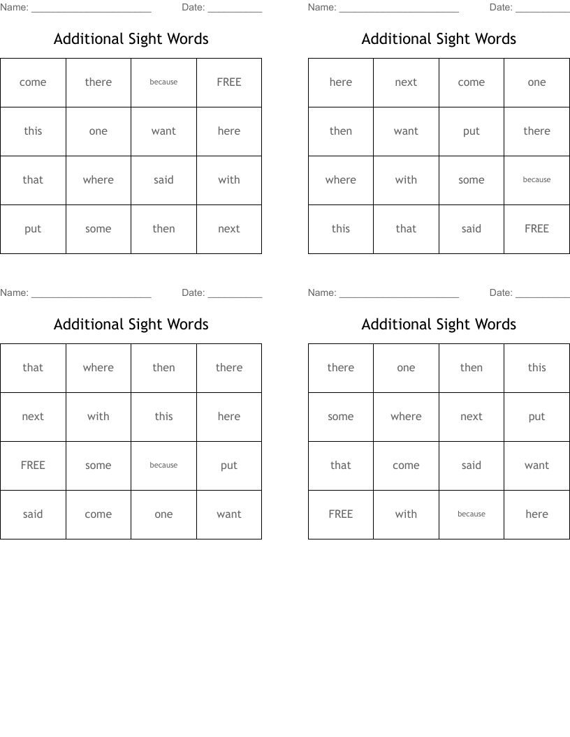 Additional Sight Words Bingo Cards