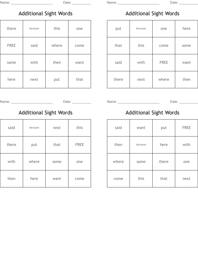 Additional Sight Words Bingo Cards