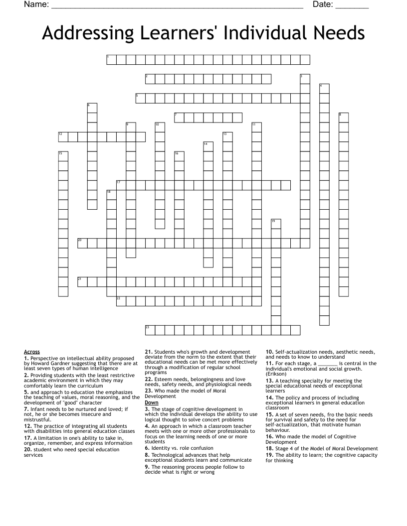 Addressing Learners' Individual Needs Crossword