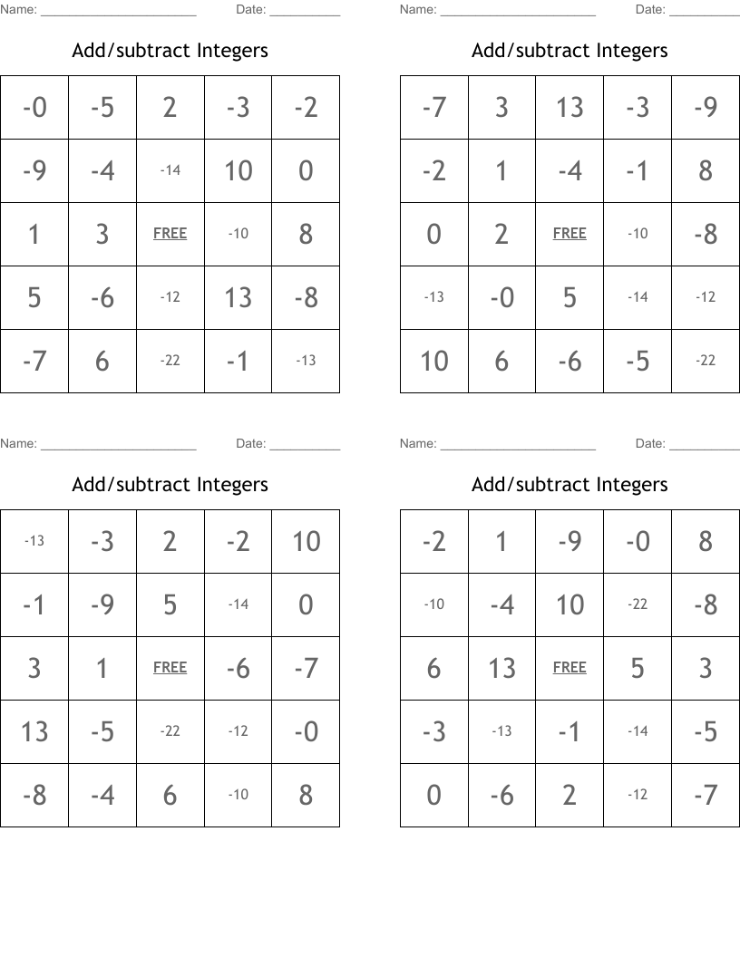 Add/subtract Integers Bingo Cards