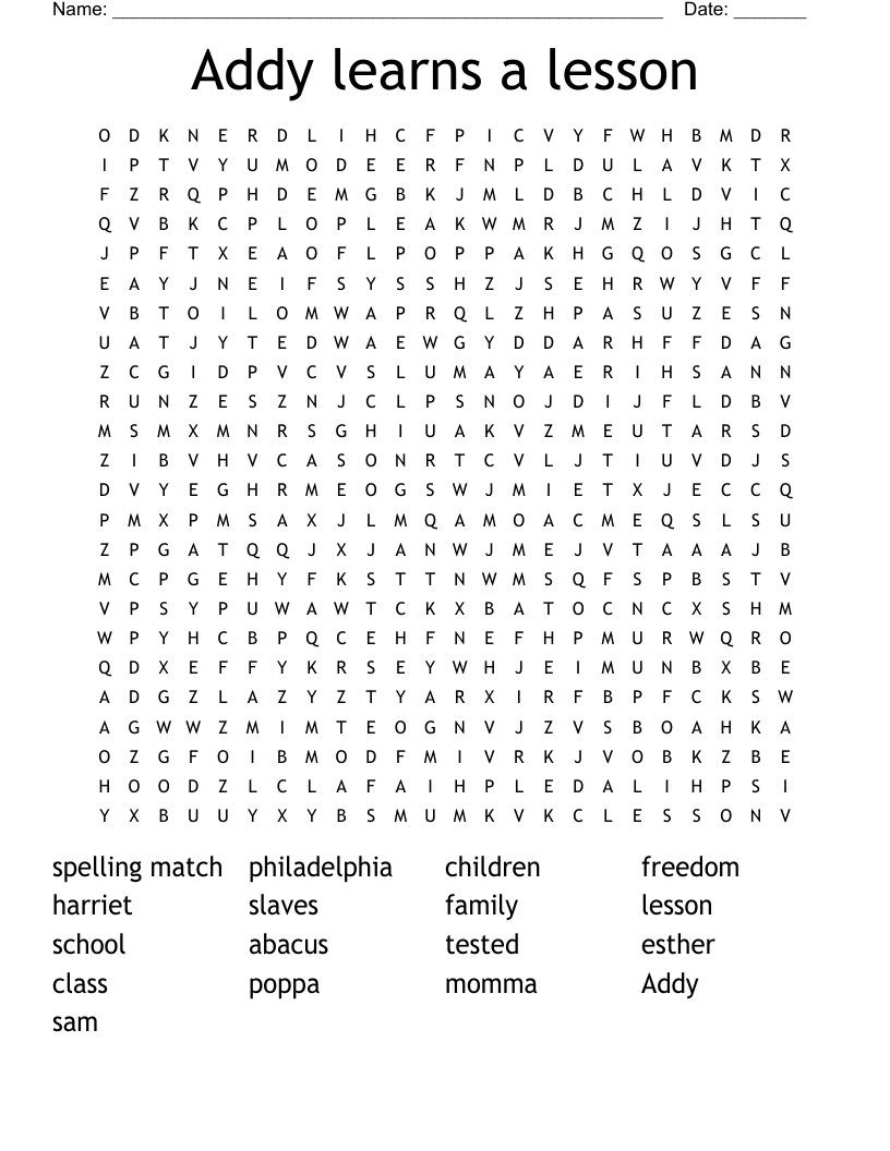 Addy learns a lesson Word Search