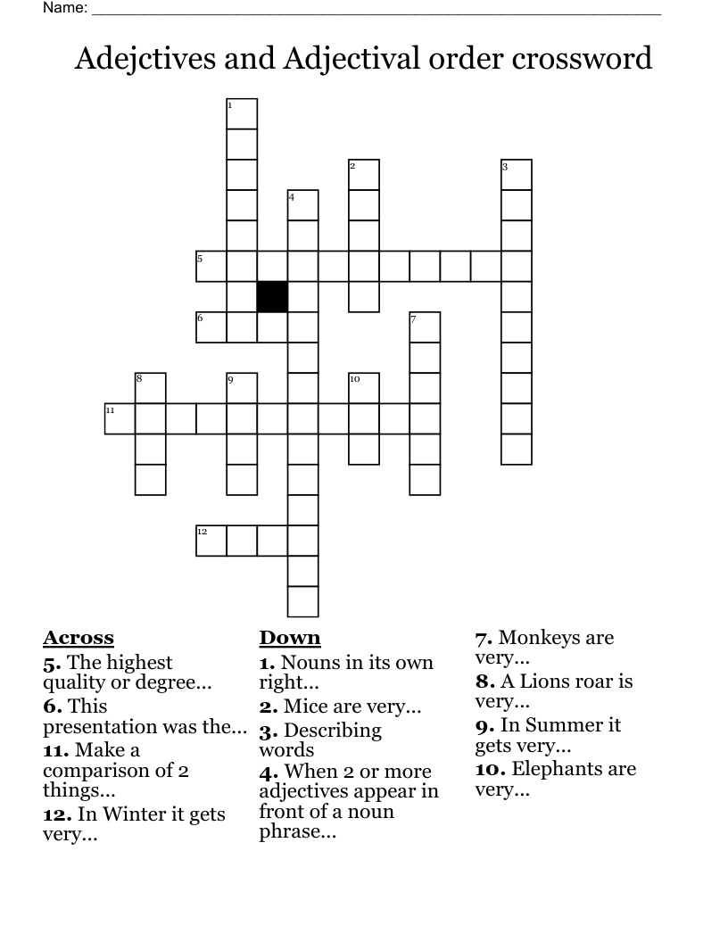 Adejctives and Adjectival order crossword
