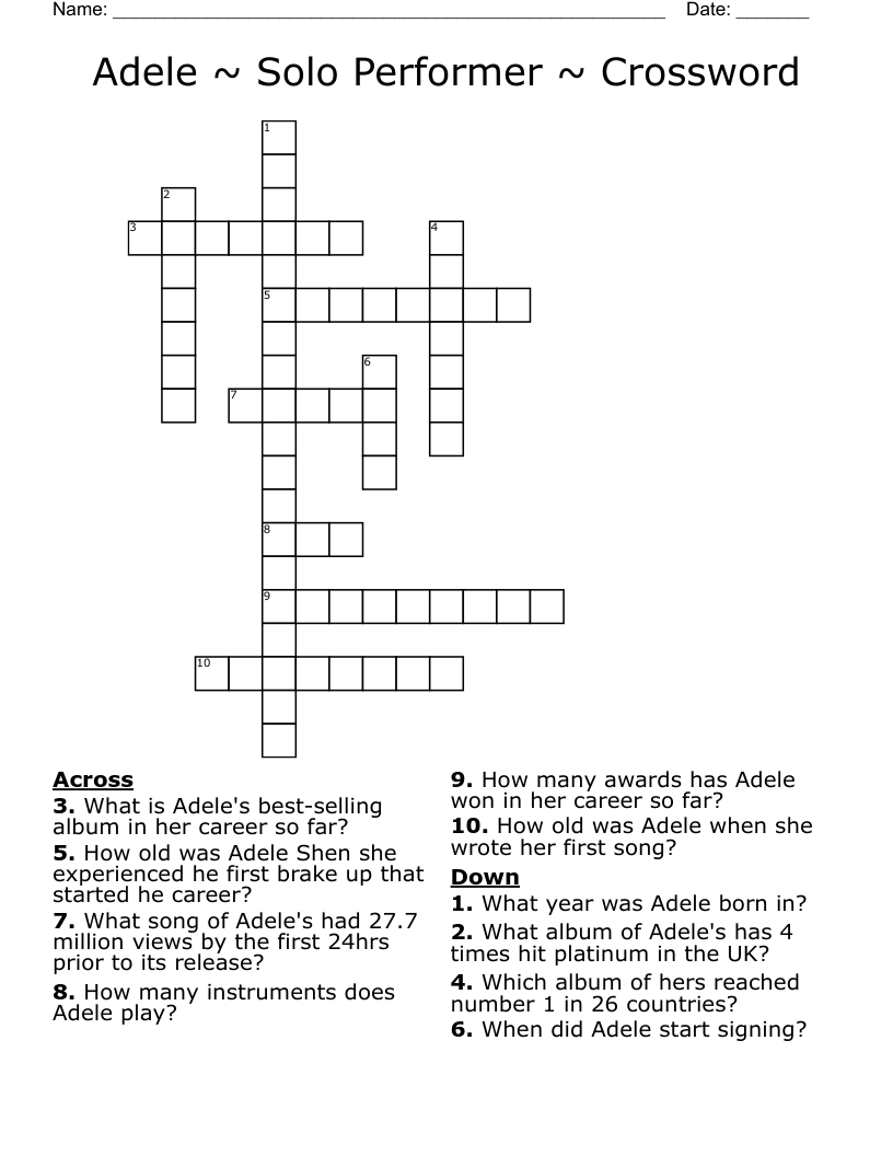 Adele ~ Solo Performer ~ Crossword